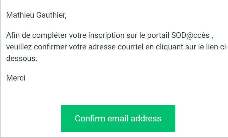 Visuel SOD@ccès - Exemple de courriel de confirmation d'inscription sur le portail SOD@ccès