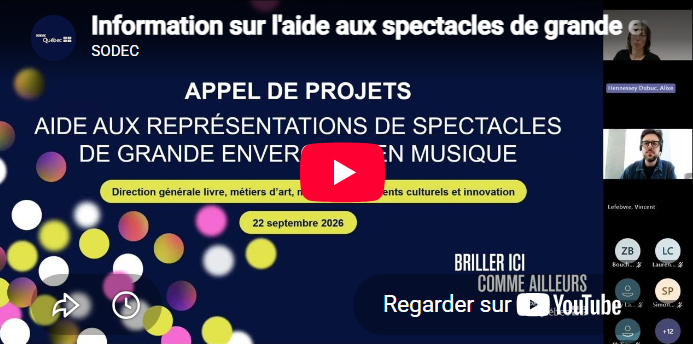 Visuel menant vers la vidéo de la rencontre d'information sur l'aide aux spectacles de grande envergure en musique