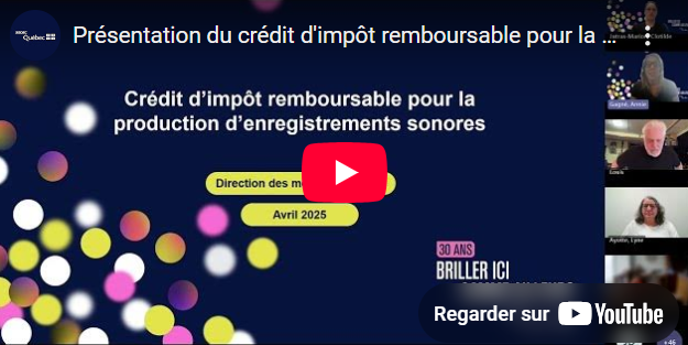 Visuel menant vers la vidéo de présentation sur le crédit d'impôt pour la production d'enregistrements sonores